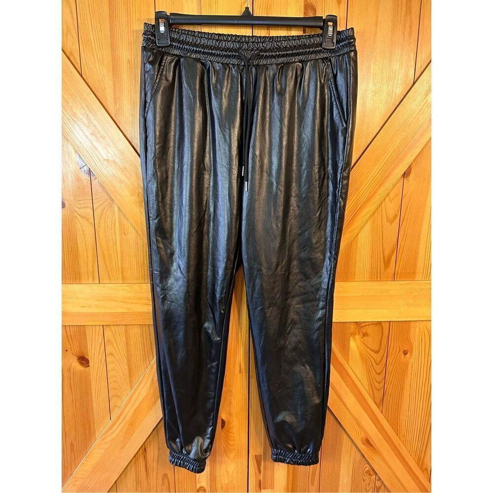 Hot Kiss Black Liquid Faux Leather Jogger Drawstring Pants Size Large (4215)
